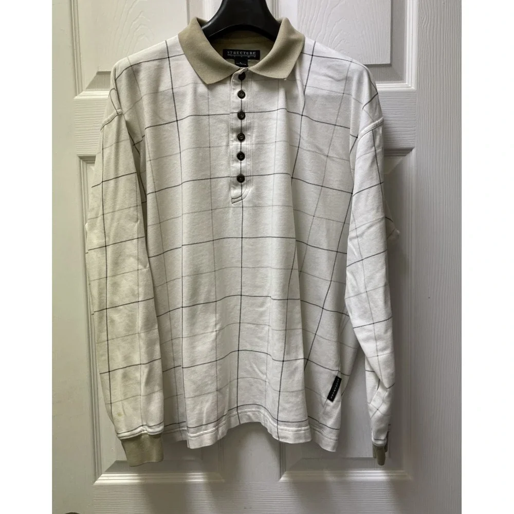 VTN Structure Men's L Rugby Shirt‎ Ivory & Khaki Y2K Grunge Fit 6 Button Closure